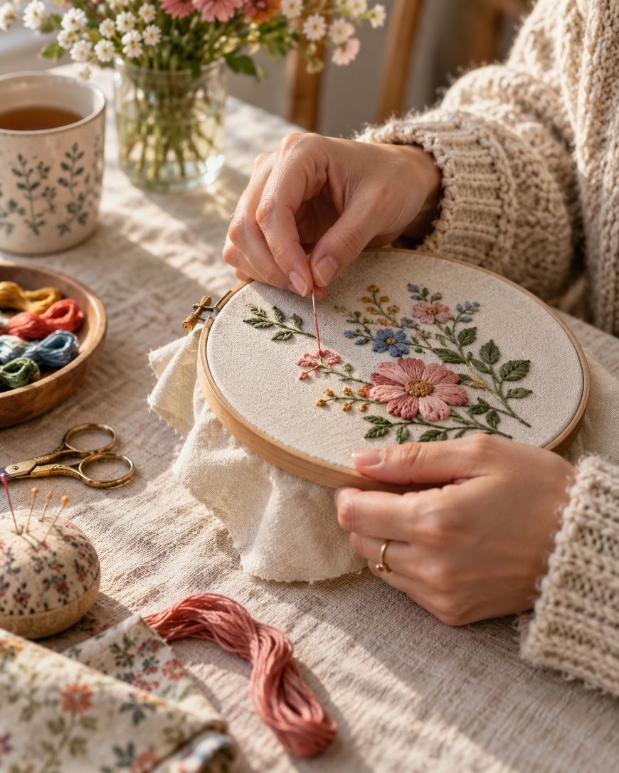 A person in a cozy sweater embroiders colorful flowers on fabric in a hoop, with thread, scissors, and a cup of tea on a sunlit table.