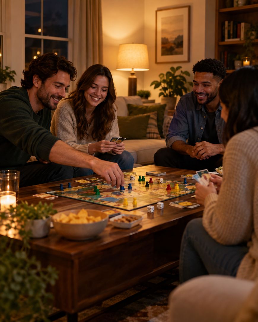 Four friends sit around a wooden table playing a board game in a cozy, warmly lit living room. Snacks, cards, dice, and game pieces are on the table. Everyone appears to be enjoying themselves.