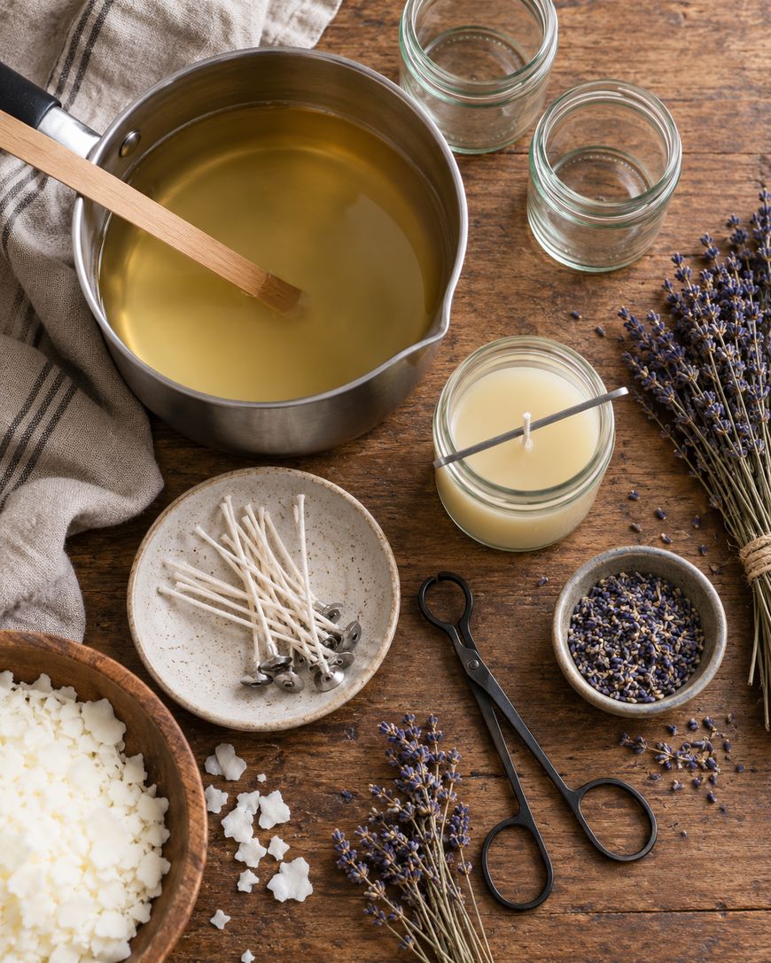 A flat lay of candle-making supplies: a pot of melted wax, glass jars, a wooden stirrer, wicks, candle scissors, dried lavender, a finished candle, and wax flakes on a wooden table.