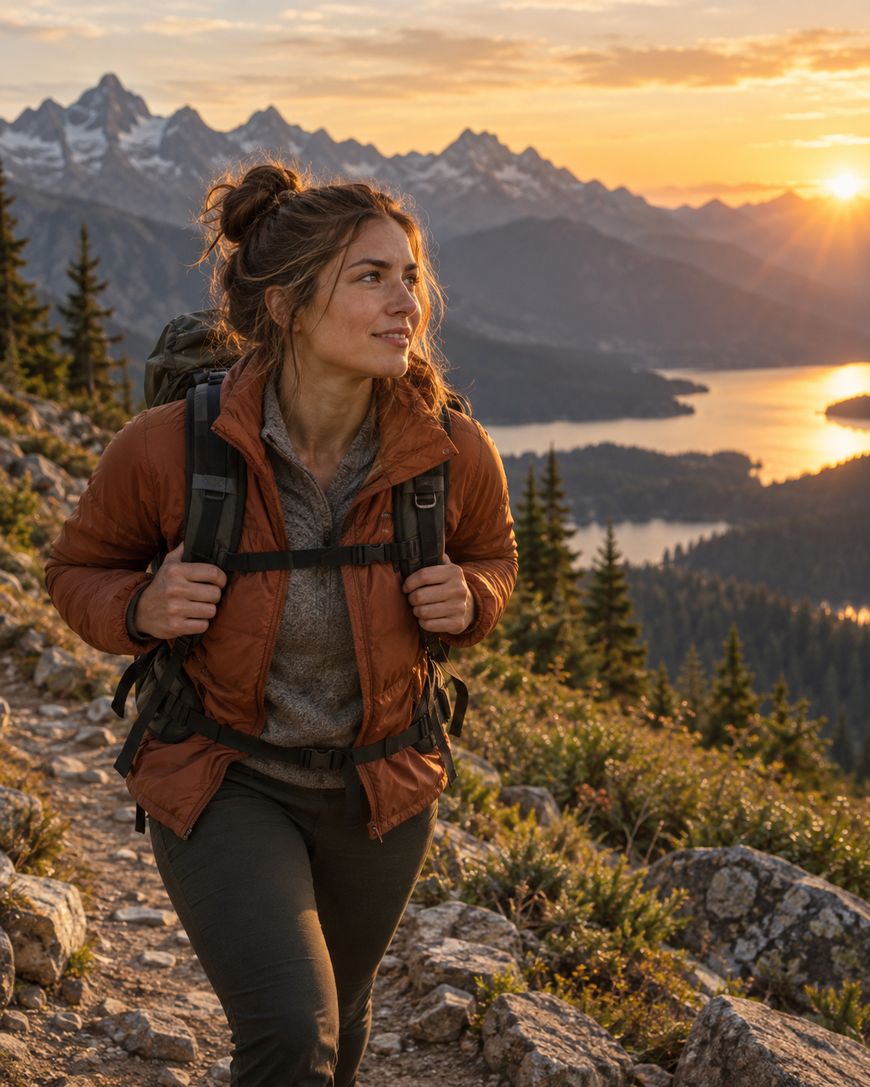 A woman with a backpack hikes a rocky trail at sunset with mountains, pine trees, and a lake in the background. She wears a brown jacket and looks ahead, bathed in warm golden light.