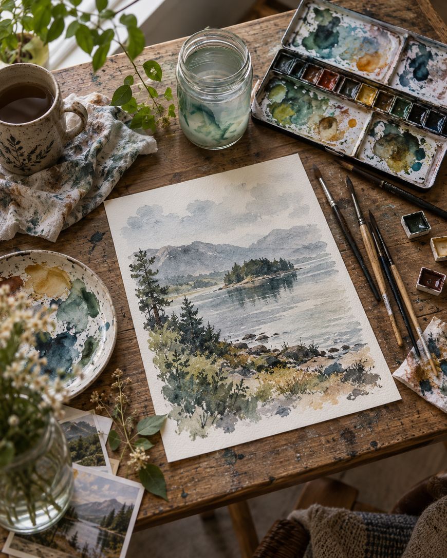 A watercolor painting of a lakeside landscape sits on a rustic wooden table with paintbrushes, a palette, watercolor paints, a mug, a glass jar, cloth, and plants nearby.