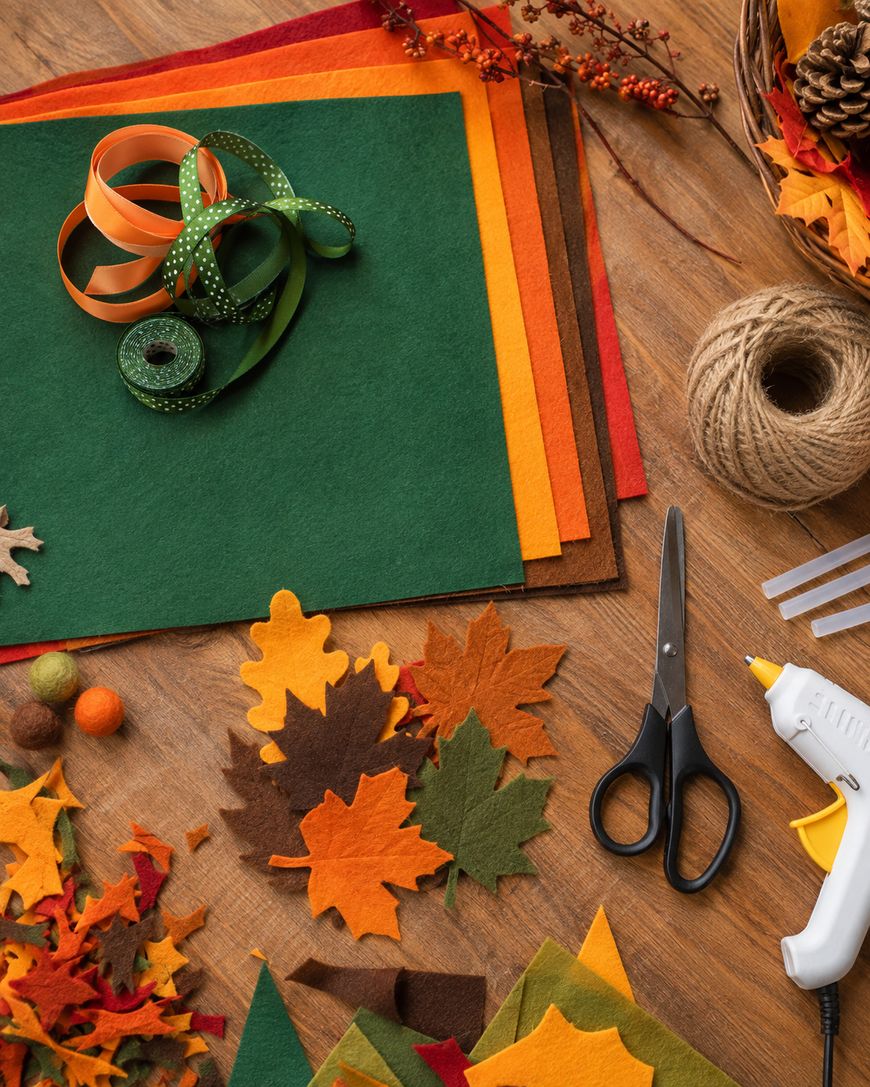 Colorful felt sheets, ribbon rolls, twine, scissors, and a glue gun arranged on a wooden table with assorted cut felt leaves, suggesting a fall-themed craft project in progress.