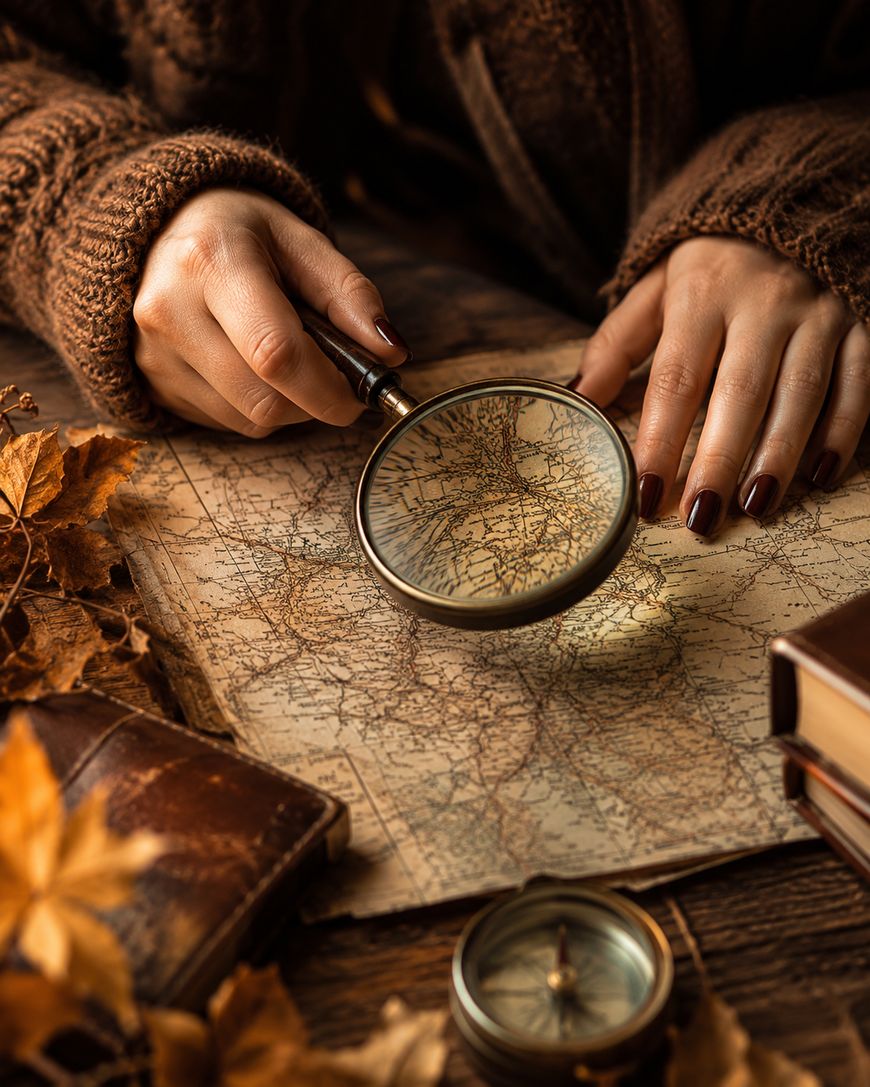 A person in a brown sweater holds a magnifying glass over a vintage map on a wooden table, surrounded by autumn leaves, a leather journal, a compass, and stacked books.