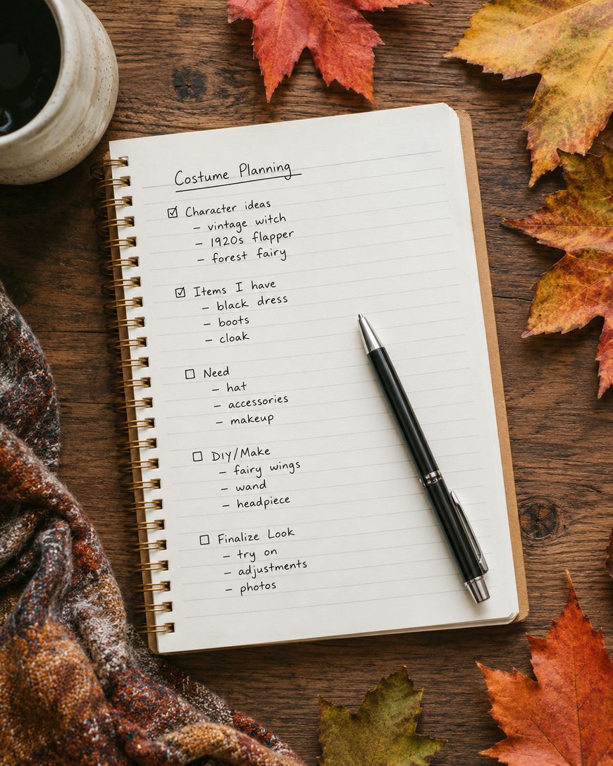 A notebook with a costume planning checklist, a pen, a cup of coffee, a scarf, and autumn leaves arranged on a wooden table.