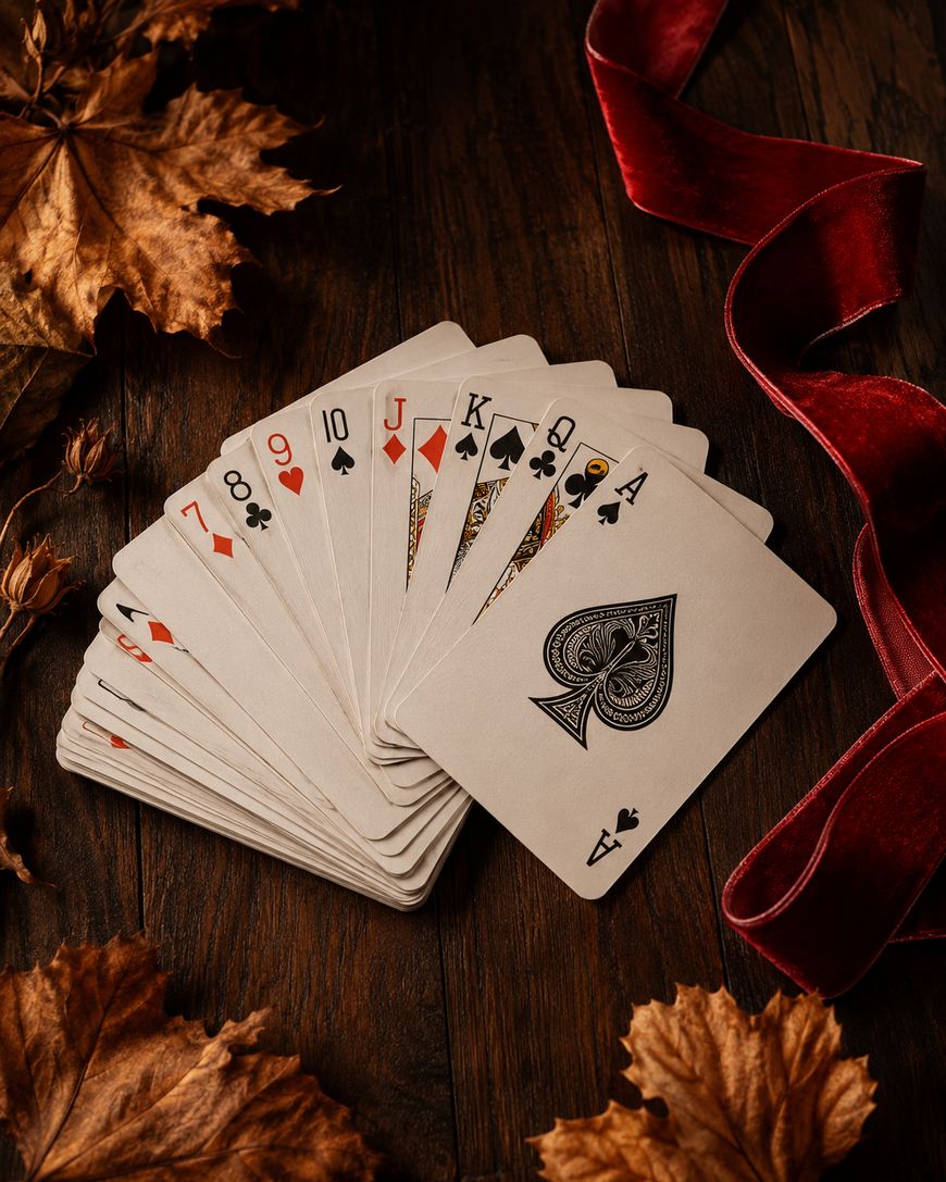 A deck of playing cards fanned out on a wooden surface, surrounded by autumn leaves and a red velvet ribbon.