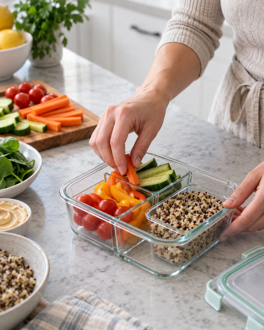 A person places fresh cucumber sticks into a glass meal prep container with cherry tomatoes, bell pepper slices, and quinoa on a kitchen counter with veggies and hummus nearby.
