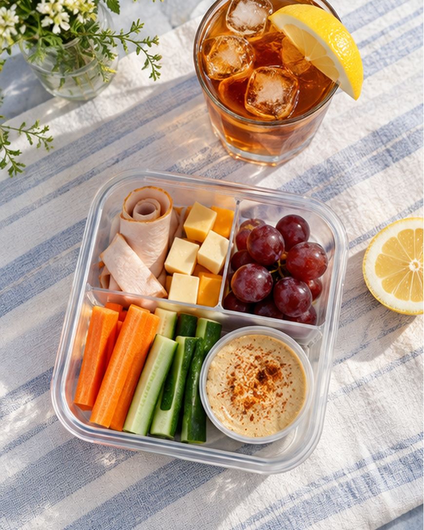 A bento box with turkey slices, cheese cubes, grapes, carrot and cucumber sticks, hummus, next to a glass of iced tea with lemon and a lemon slice on a striped cloth.