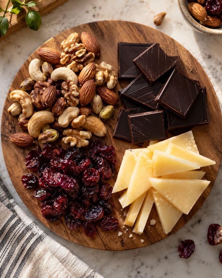 A round wooden board with sections of mixed nuts, dried cranberries, dark chocolate squares, and wedges of hard cheese, set on a marble surface with a striped cloth nearby.