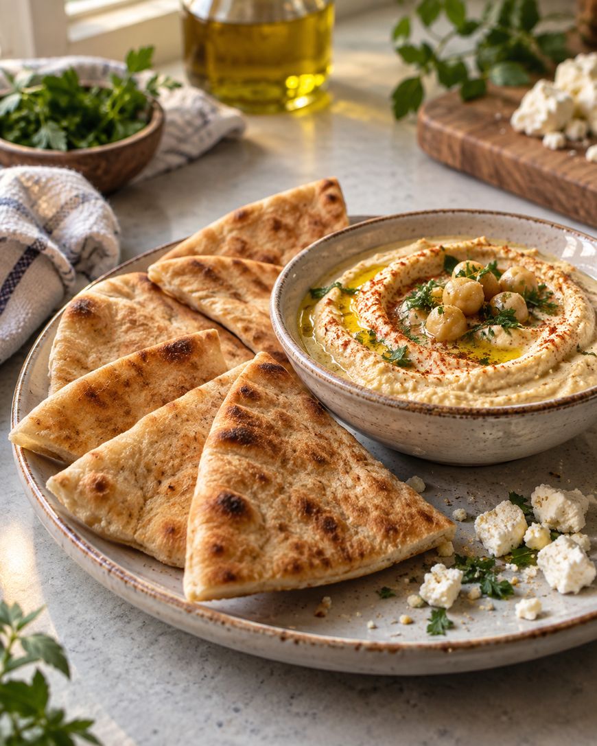 A plate with pita bread slices and a bowl of hummus topped with chickpeas, herbs, olive oil, and paprika. Feta cheese, herbs, and a bottle of olive oil are in the background.