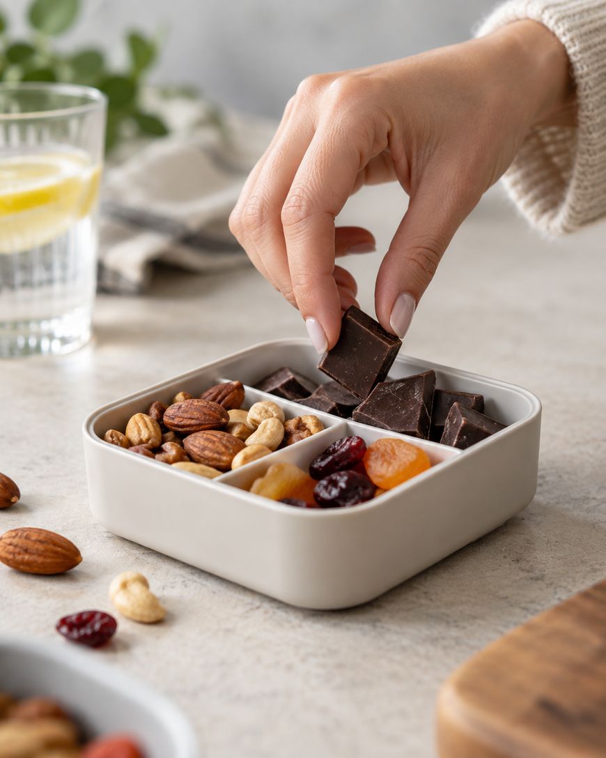 Hand reaching for dark chocolate in a snack box with mixed nuts and dried fruit