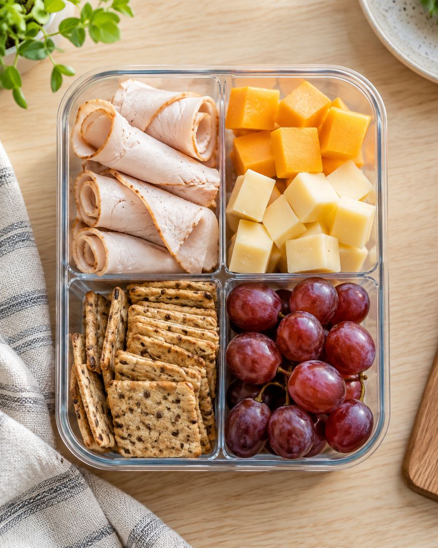 Divided container with turkey rollups, cheddar cubes, whole grain crackers, and grapes