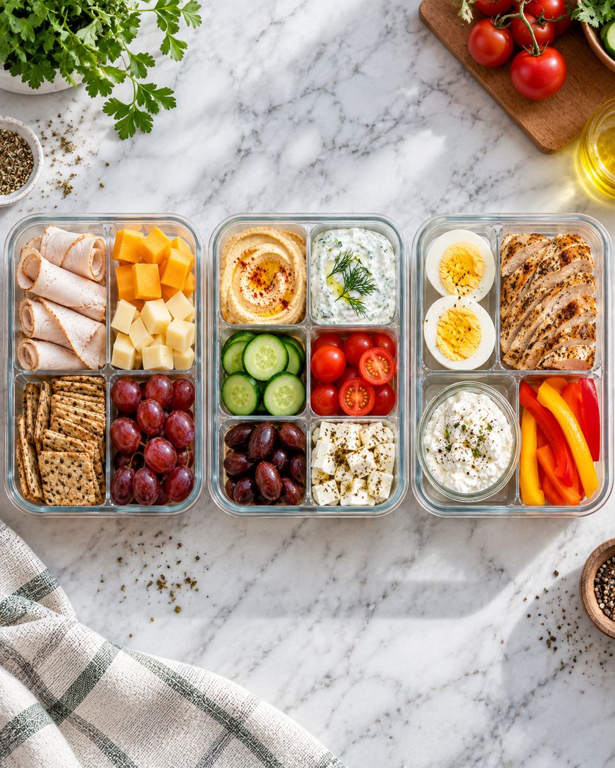 Three glass containers with assorted healthy snacks: turkey, cheese, crackers, grapes; hummus, cucumber, tomatoes, olives; eggs, grilled chicken, yogurt dip, bell pepper strips. All are placed on a marble countertop.