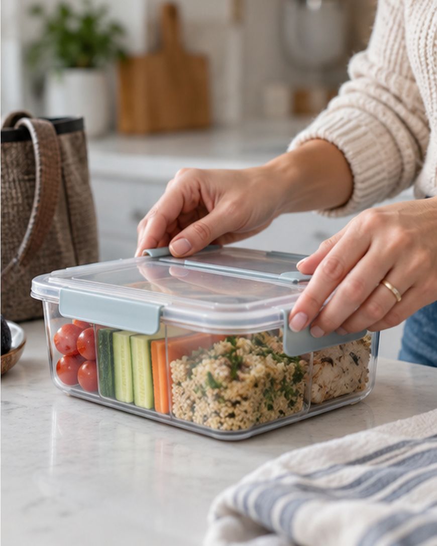 Person closing a batch prepped lunchable container filled with quinoa, chicken, and vegetables