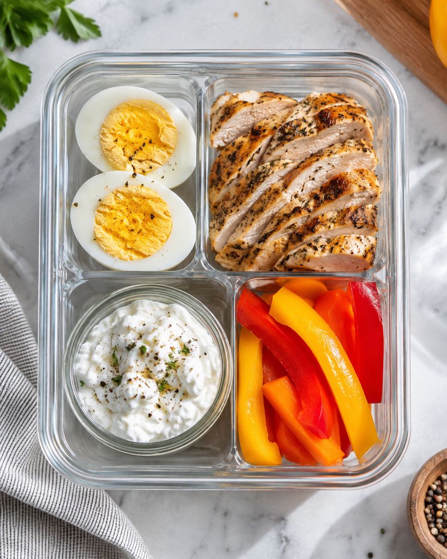 A glass meal prep container with four sections: sliced grilled chicken, two halved boiled eggs, a small bowl of cottage cheese, and sliced red and yellow bell peppers on a marble countertop.