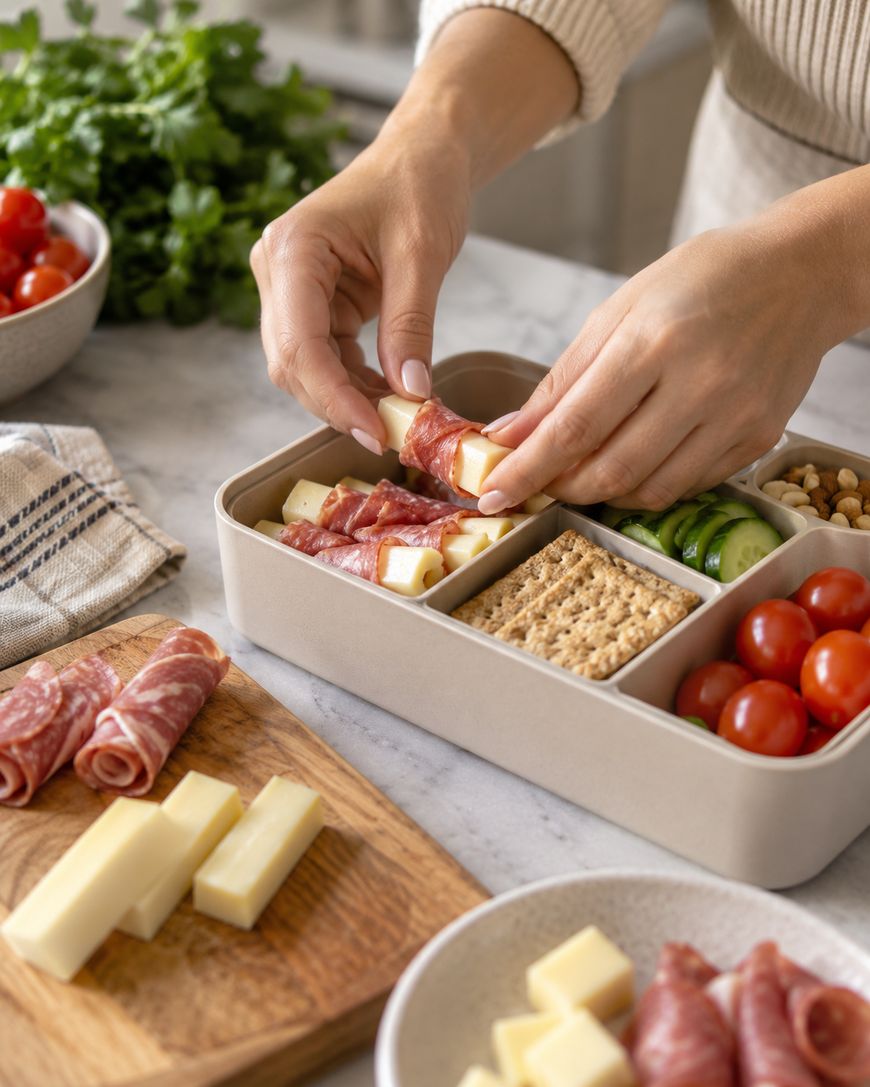 Person placing cheese and salami rolls into a lunchbox with crackers, tomatoes, and nuts
