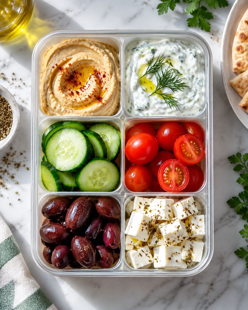 Bento box with hummus, tzatziki, cucumber, cherry tomatoes, kalamata olives, and cubed feta