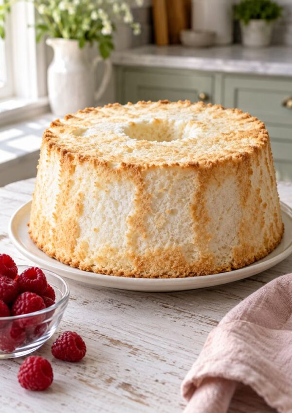 A golden angel food cake sits on a plate in a bright kitchen, next to a small bowl of fresh raspberries and a folded pink cloth.