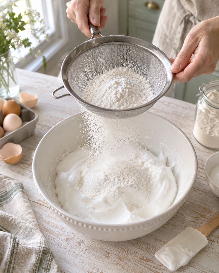 A person sifts flour into a white bowl of whipped egg whites on a wooden table, surrounded by eggs, a jar of flour, and a spatula.