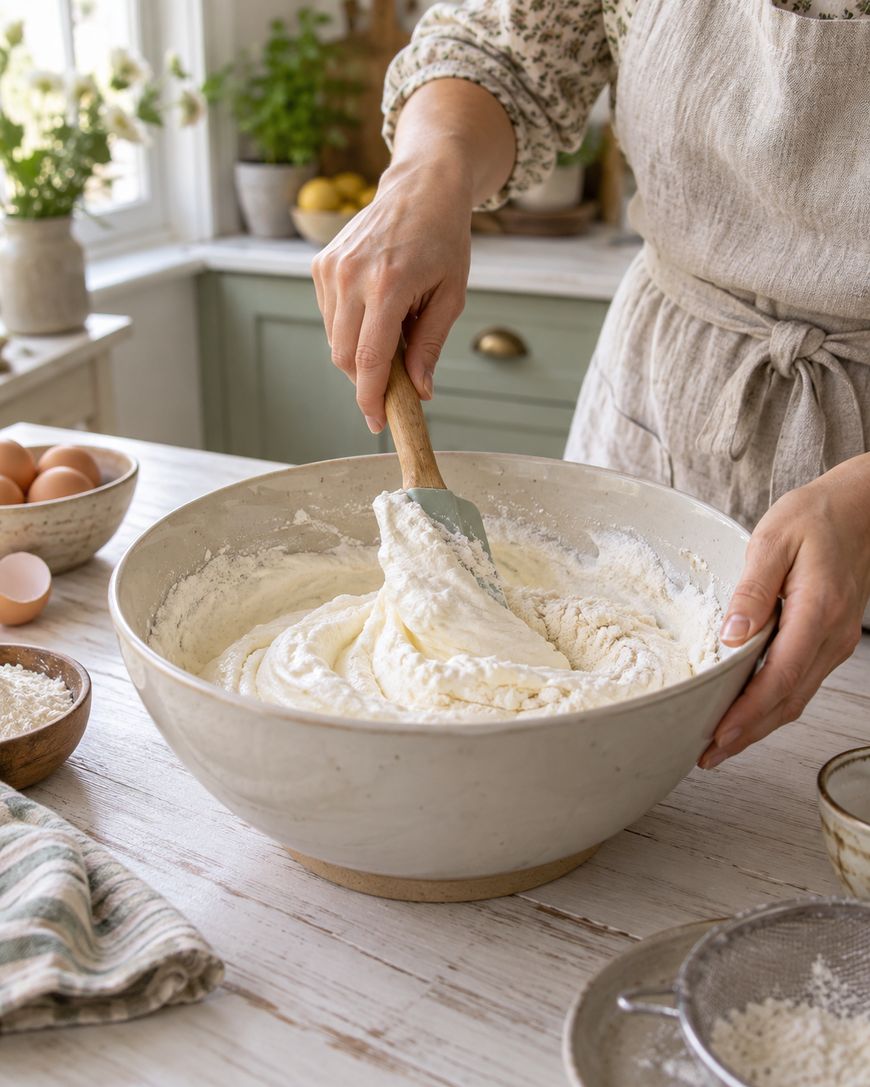 A person mixes batter in a large ceramic bowl with a spatula on a kitchen counter surrounded by baking ingredients like eggs, flour, and a sifter.