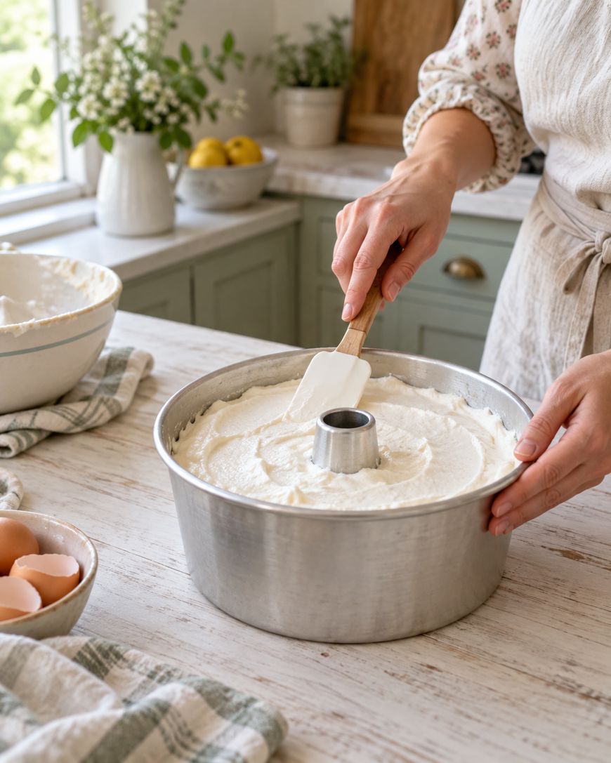 A person spreads cake batter in a bundt pan with a spatula. Eggs and a mixing bowl are on the wooden counter in a bright kitchen.