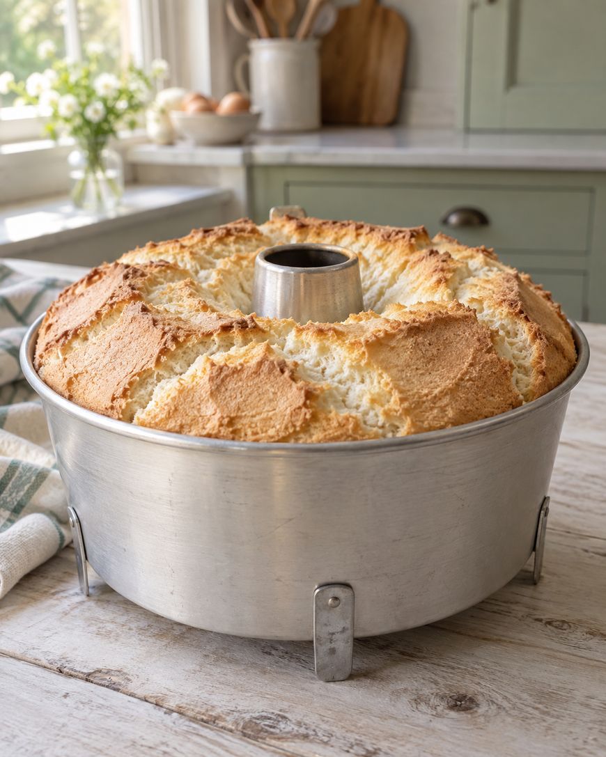 A freshly baked angel food cake in a metal tube pan sits on a rustic kitchen table, with eggs, flowers, and kitchen utensils in the softly lit background.