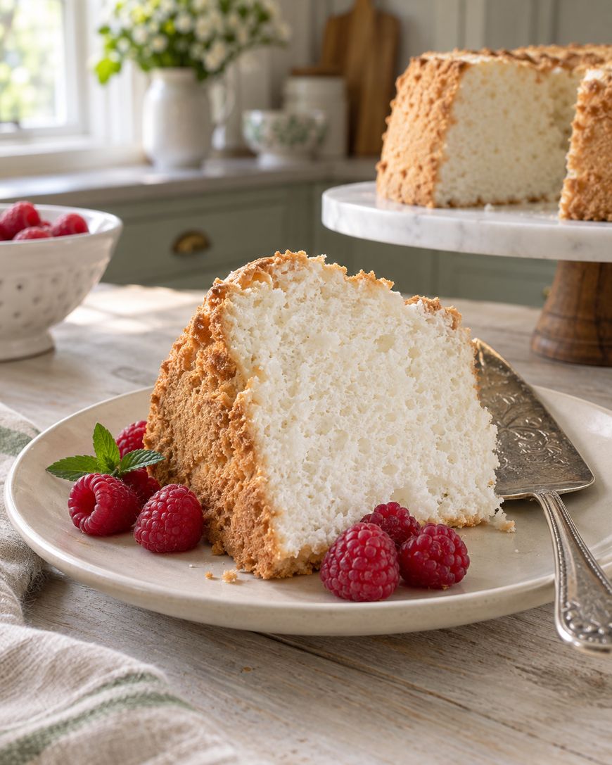 A slice of angel food cake on a plate with fresh raspberries and a mint leaf, next to a cake server. A whole cake and a bowl of raspberries are in the background on a wooden table.
