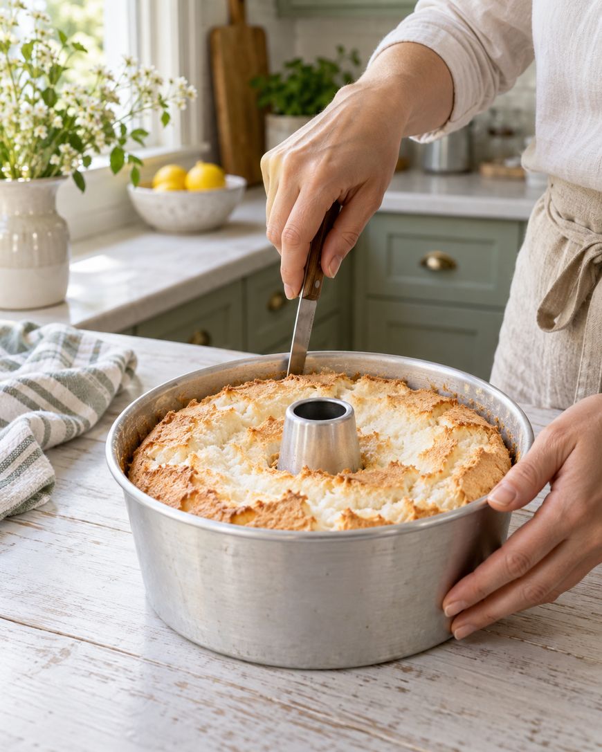 Person slicing a freshly baked angel food cake still in a tube pan on a rustic kitchen counter, with flowers and lemons in the background.