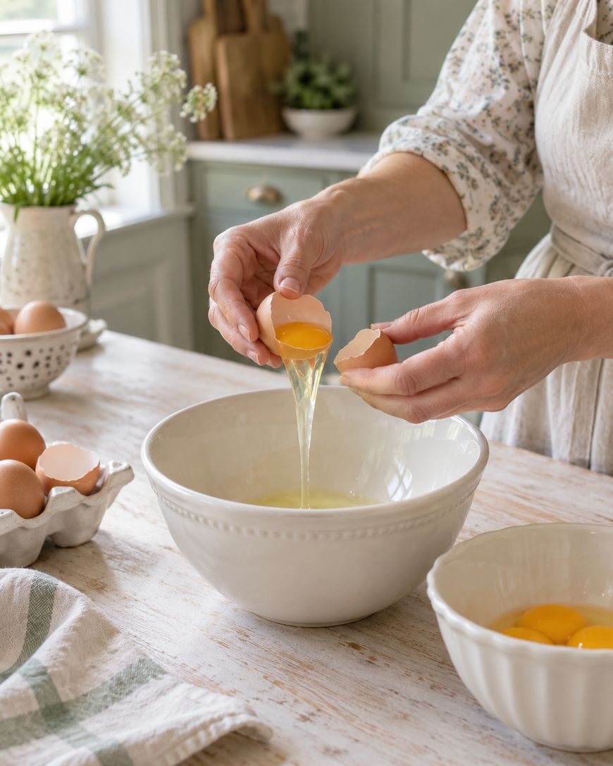 A person cracks an egg into a white bowl on a kitchen counter. There are more eggs, a towel, and flowers in the background.