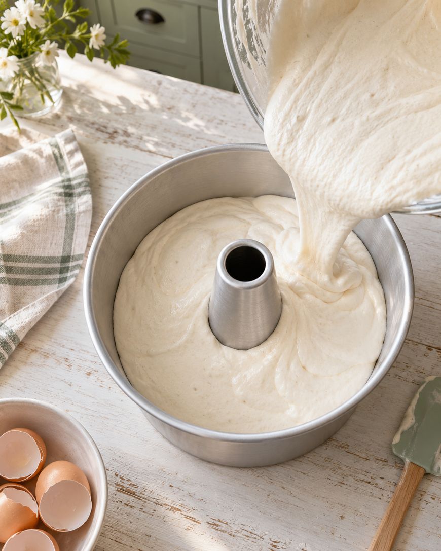 Cake batter being poured into a tube pan on a rustic table, with eggshells in a bowl, a green spatula, a checkered towel, and a vase of flowers nearby.