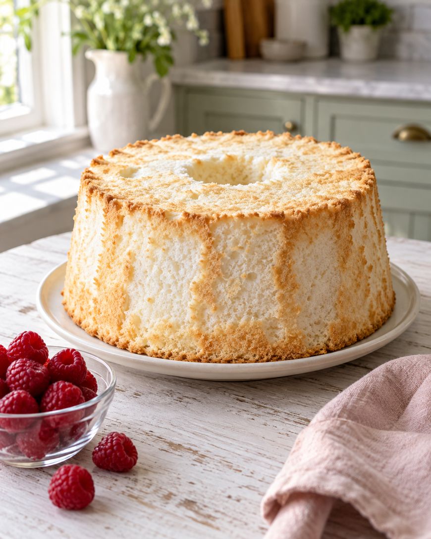 A golden-brown angel food cake sits on a white plate, with a bowl of fresh raspberries and a pink napkin nearby on a light wooden table in a bright kitchen.