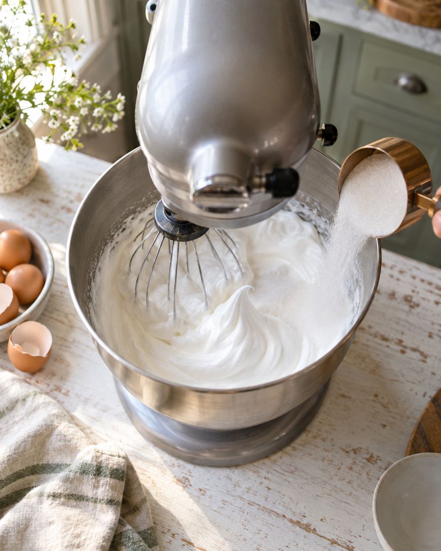 A stand mixer whips egg whites in a metal bowl while someone pours sugar in. There are eggs, a towel, and a vase of flowers on a rustic white table nearby.