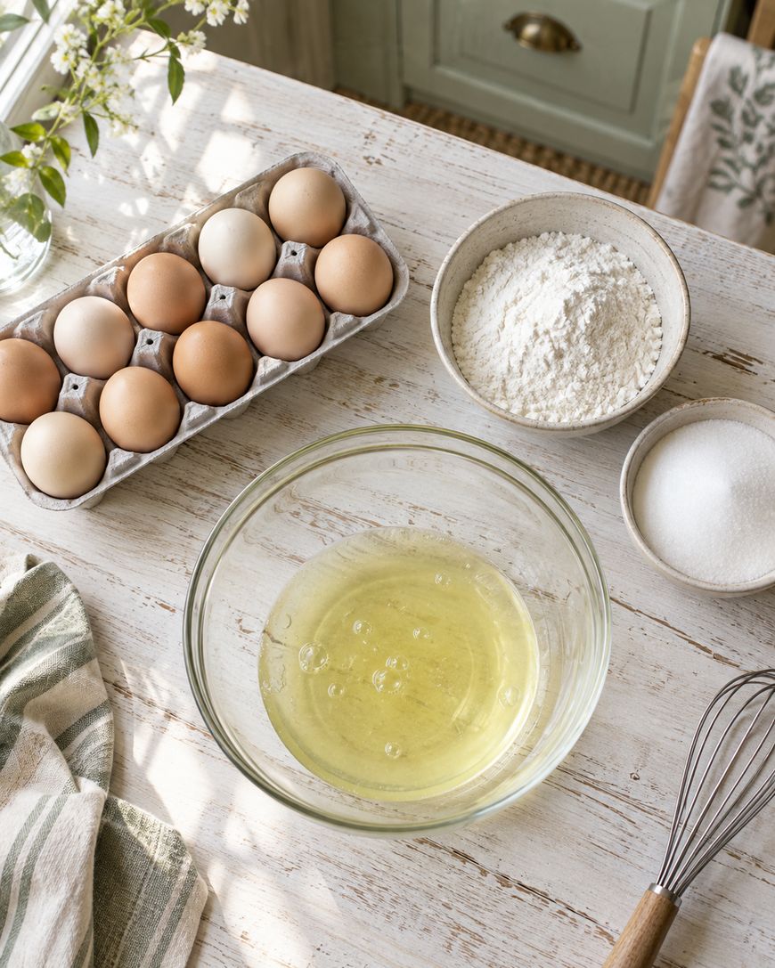A bowl of egg whites, a carton of eggs, a bowl of flour, a bowl of sugar, a whisk, and a striped towel arranged on a rustic wooden table.