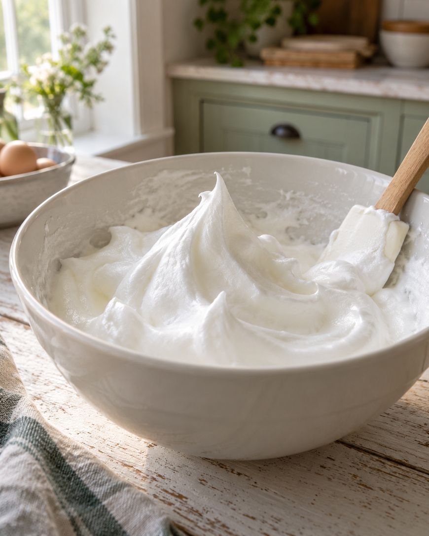 A white bowl filled with stiffly beaten egg whites sits on a rustic wooden table, with a spatula resting in the mixture. Eggs, flowers, and a green kitchen cabinet are visible in the softly lit background.