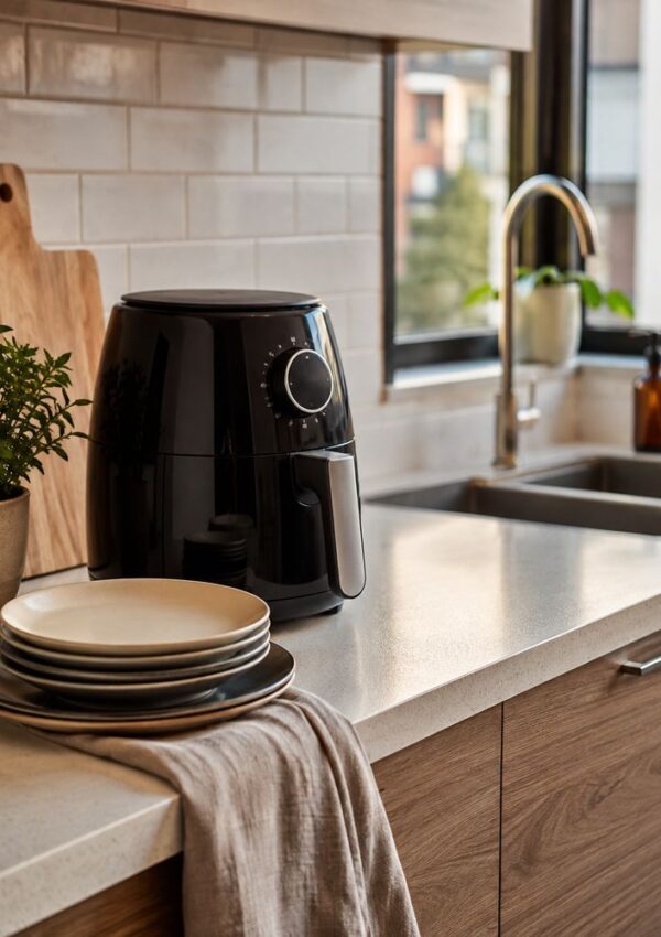 A black air fryer sits on a modern kitchen countertop near stacked plates, a towel, a potted herb, and a sink with a window in the background.