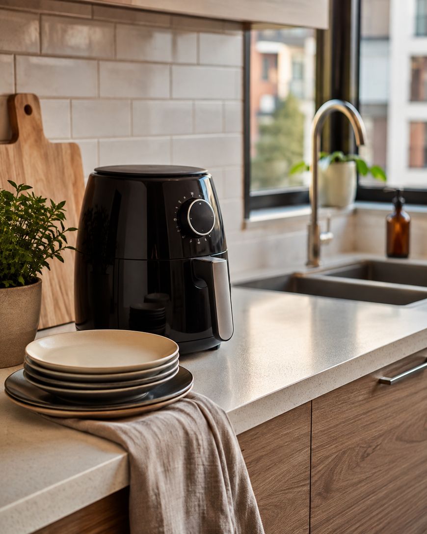 A black air fryer sits on a kitchen counter next to stacked plates, a beige cloth, a potted plant, and a cutting board, with a sink and window in the background.
