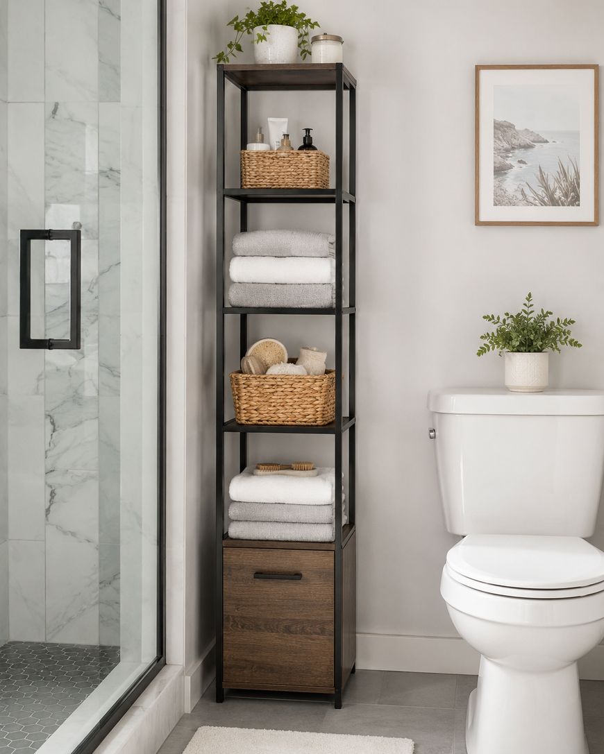 A bathroom with a glass shower, white toilet, and a tall black shelving unit holding towels, baskets, toiletries, a plant, and decor. A framed picture and another plant sit above and beside the toilet.
