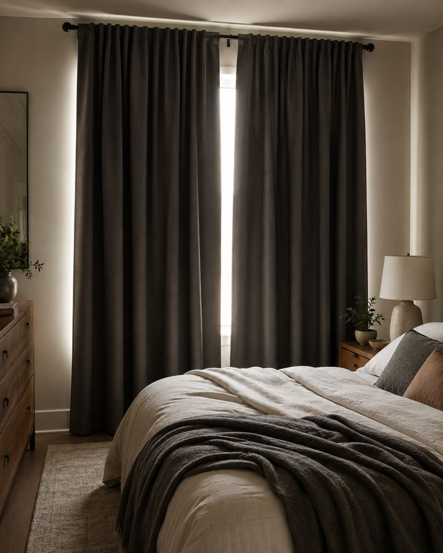 A cozy bedroom with dark curtains, a neatly made bed with neutral bedding, a wooden dresser, a nightstand with a lamp, and potted plants. Soft natural light peeks through the curtains.