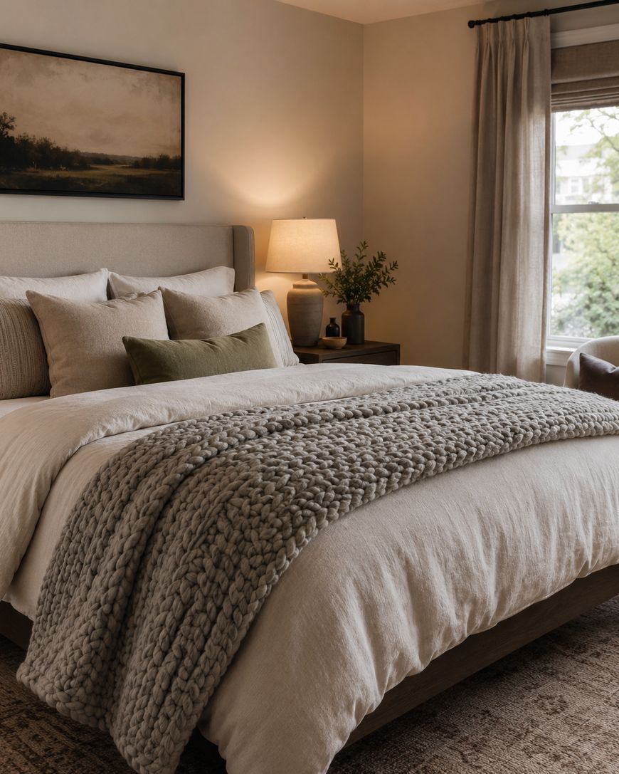 A cozy bedroom with a neatly made bed, textured gray blanket, beige and green pillows, a bedside lamp, plant, artwork above the bed, and a window with sheer curtains letting in natural light.