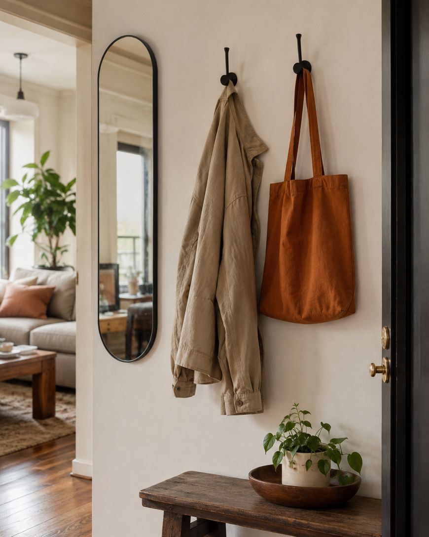 A beige jacket and orange tote bag hang on wall hooks near an oval mirror. Below, a bench holds a potted plant in a bowl. A cozy living room with plants and light streams in from the left.