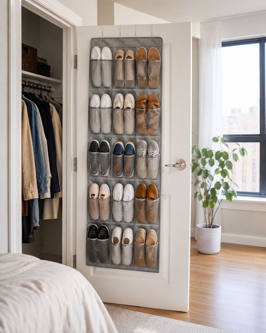 Over-the-door shoe organizer holding various pairs of shoes in a bright, tidy bedroom with a closet, a plant, and a large window.
