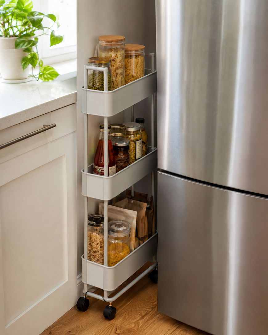 A slim, three-tiered rolling cart with jars of pasta, spices, and sauces is placed beside a stainless steel refrigerator in a bright kitchen.