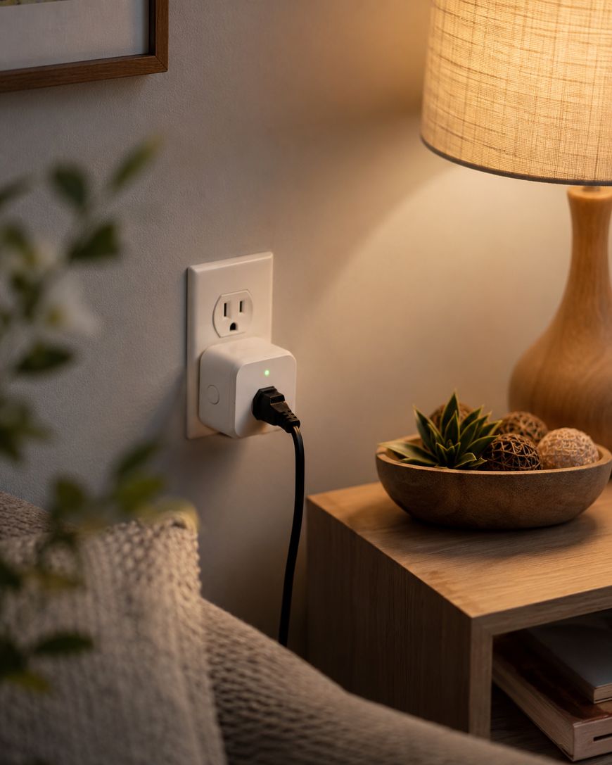A smart plug is plugged into a wall outlet beside a nightstand with a lamp and a decorative bowl, creating a cozy, softly lit room scene.