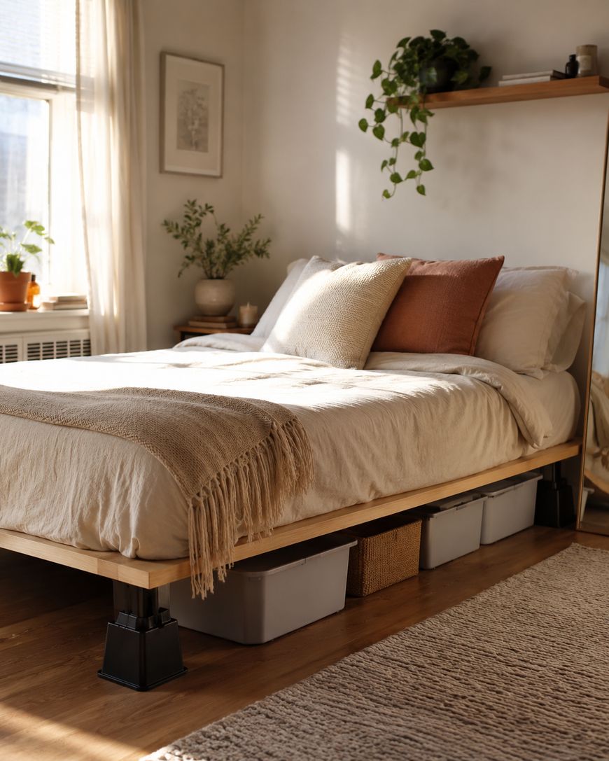 Cozy sunlit bedroom with a wooden bed, neutral bedding, throw pillows, under-bed storage bins, plants, framed art on the wall, and a soft rug on a wooden floor.