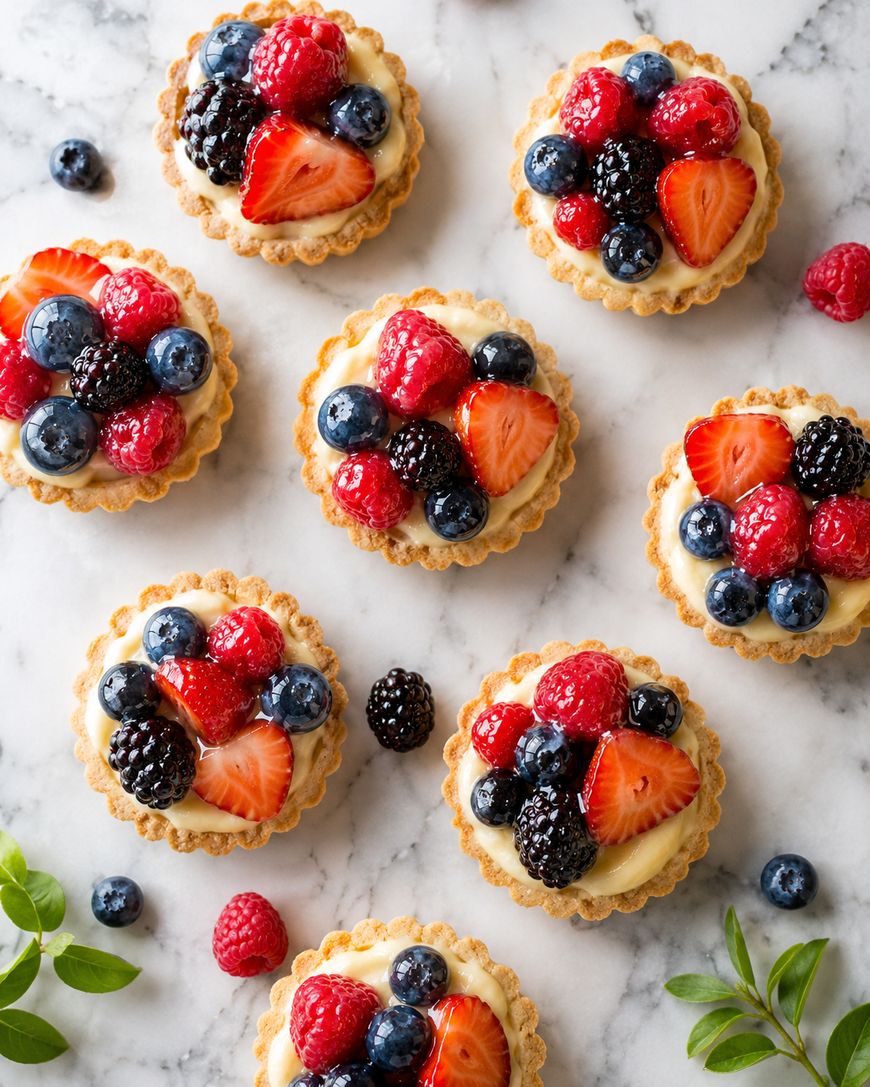 Eight mini fruit tarts topped with strawberries, blueberries, raspberries, and blackberries are arranged on a marble surface, with some scattered berries and green leaves nearby.