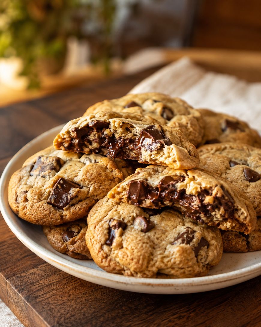 A plate of thick chocolate chip cookies, with one cookie broken in half revealing gooey melted chocolate chunks inside. The plate rests on a wooden surface.