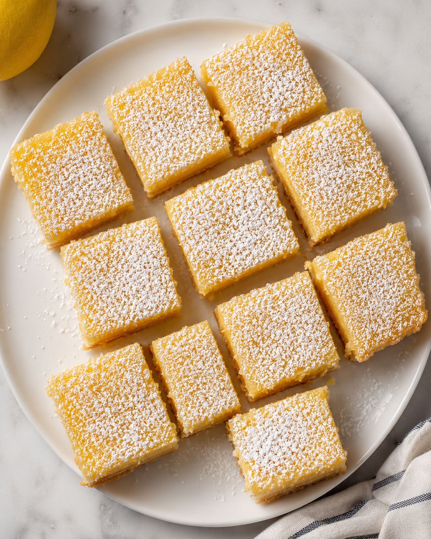 Twelve lemon bars dusted with powdered sugar are arranged on a white plate atop a marble surface, with part of a lemon and a striped cloth visible.