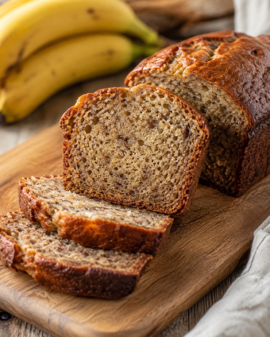 A loaf of banana bread sits on a wooden cutting board, with two slices cut. Ripe bananas are in the background and a light gray cloth is nearby. The bread has a golden-brown crust and a moist, speckled interior.