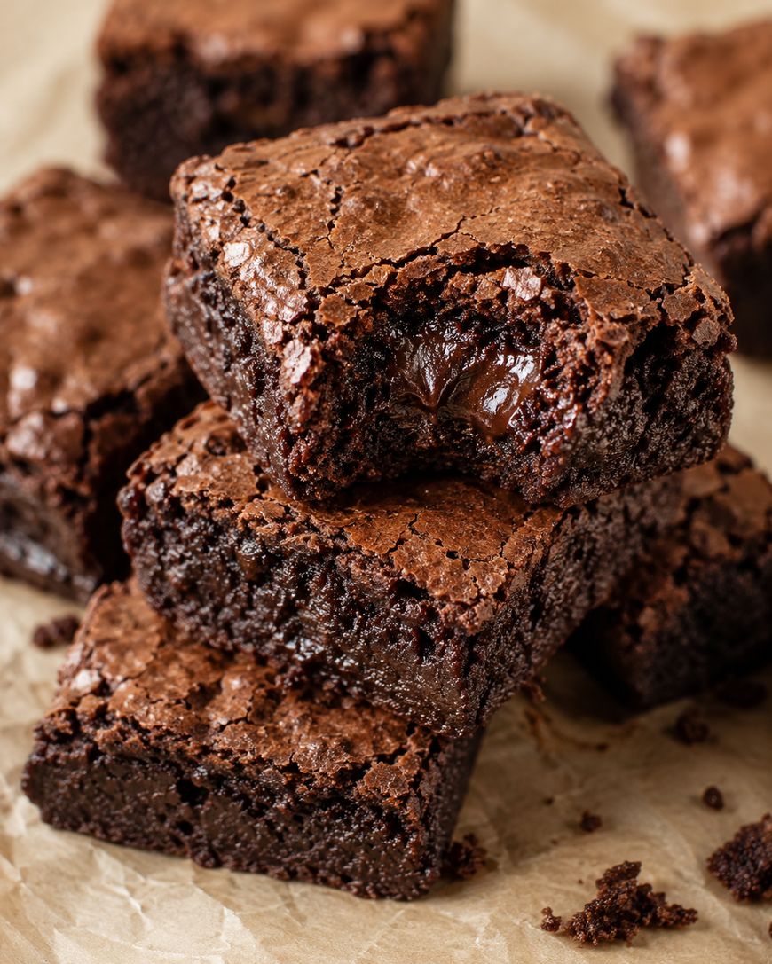 Three fudgy chocolate brownies are stacked on parchment paper. The top brownie has a bite taken out, revealing a gooey, melted chocolate center. The brownies have crackly tops and rich, dark interiors.
