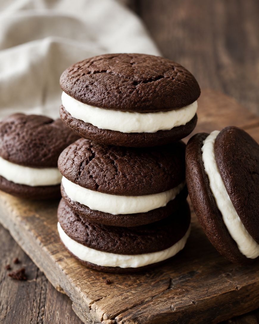 A stack of chocolate whoopie pies with white cream filling sits on a rustic wooden board, with a light-colored cloth in the background.