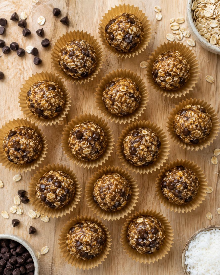 Round energy balls with oats and chocolate chips in brown paper cups on a wooden surface. Oats, chocolate chips, and shredded coconut are scattered around.